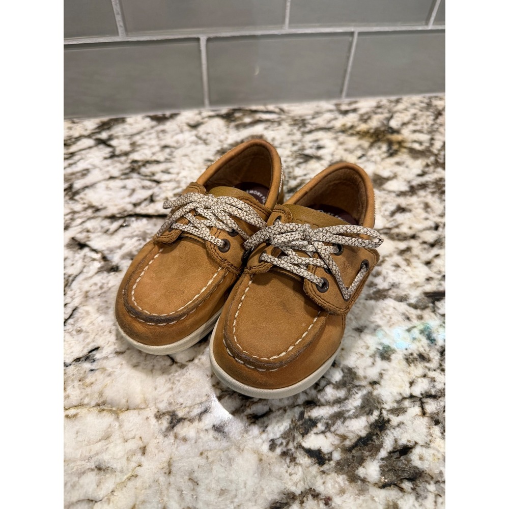 Sperry Top-Sider Kids Tan Leather Mesh Boat Shoes Memory Foam Loafers 7.5